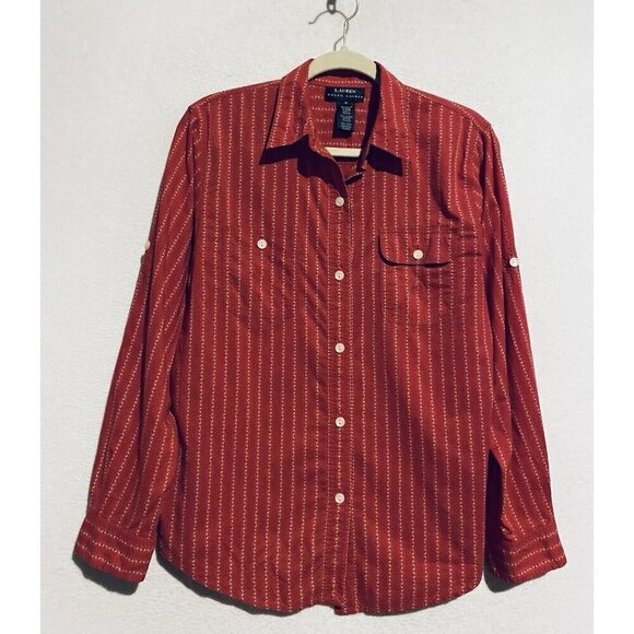 Ralph Lauren Top Womens Medium Red Cream Striped Button Up Long Sleeve Boho - Picture 1 of 8